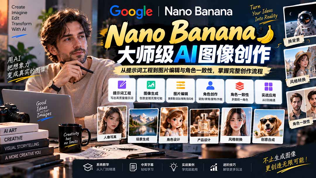 【无水印】Nano Banana大师级AI图像实战课:从提示词工程到图片编辑与角色一致性,掌握完整创作流程-资源社