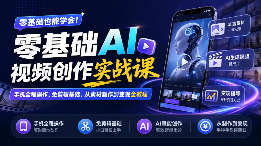 零基础AI视频创作实战课｜手机全程操作、免剪辑基础、从素材制作到变现全教程​-资源社