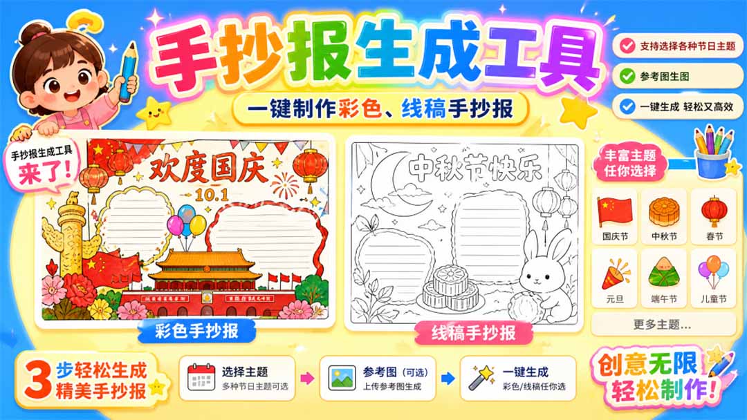 手抄报批量生成工具来了,完全免费,告别豆包生图,这个高清无水印-资源社