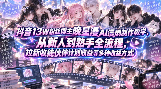 抖音13W粉丝博主晚星漫AI漫剧制作教学,从新人到熟手全流程,拉新收徒伙伴计划收益等多种收益方式,单日1K+-资源社