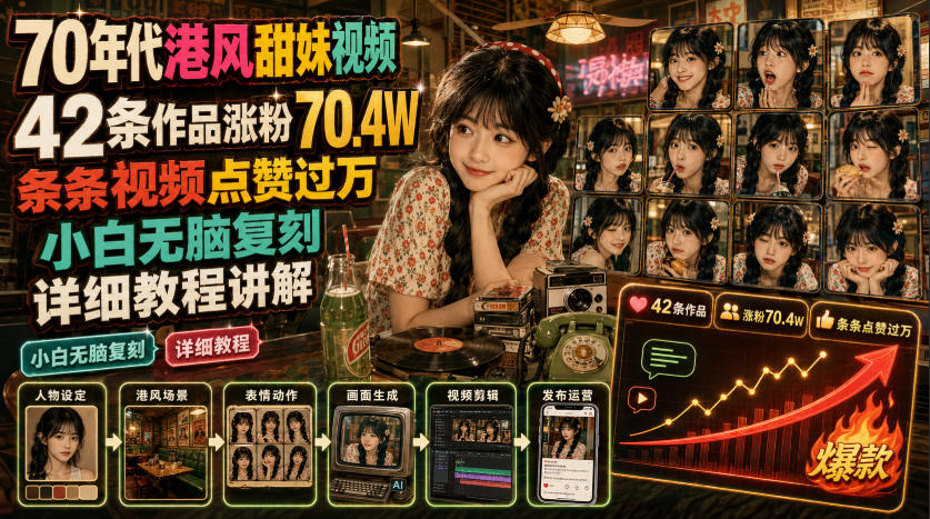 70年代港风甜妹视频，42条作品涨粉70.4W，条条视频点赞过万，小白无脑复刻，详细教程讲解-资源社