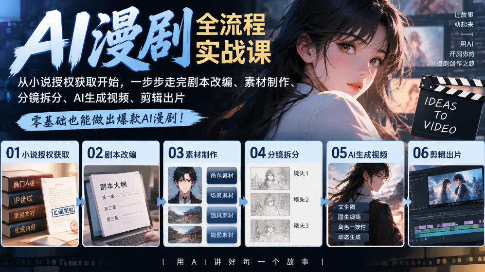 AI漫剧全流程实战课|从小说授权获取开始,一步步走完剧本改编、素材制作、分镜拆分、AI生成视频、剪辑出片全流程-资源社