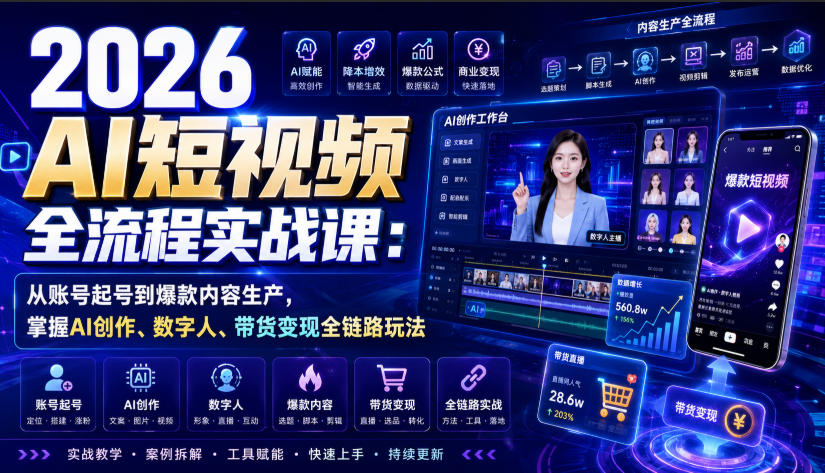 2026 AI短视频全流程实战课:从账号起号到爆款内容生产,掌握AI创作、数字人、带货变现全链路玩法-资源社