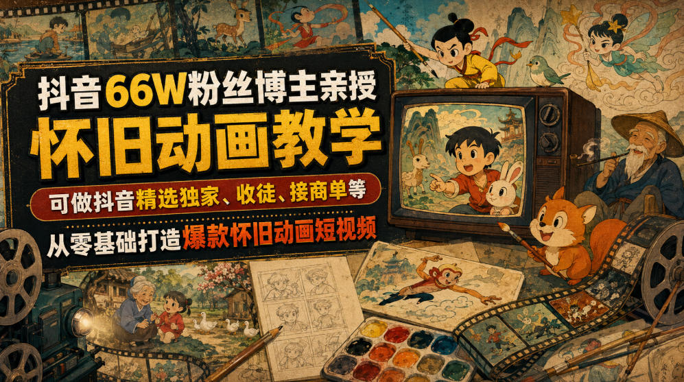 抖音66W粉丝博主亲授怀旧动画教学，可做抖音精选独家、收徒、接商单等，从零基础打造爆款怀旧动画短视频-资源社