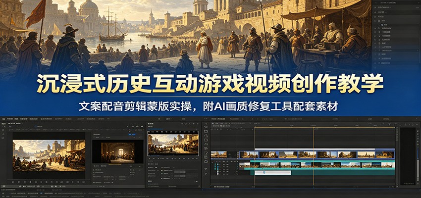 沉浸式历史互动游戏视频创作教学：文案配音剪辑蒙版实操，附AI画质修复工具配套素材-资源社