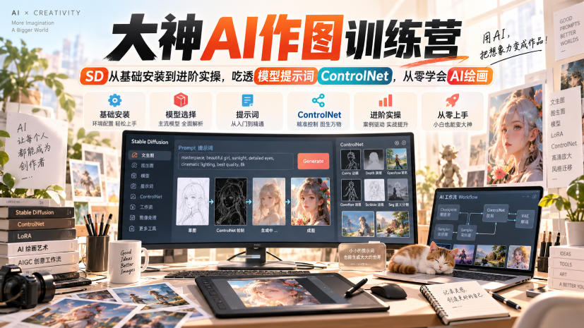 大神AI作图训练营,SD从基础安装到进阶实操,吃透模型提示词ControlNet,从零学会AI绘画-资源社