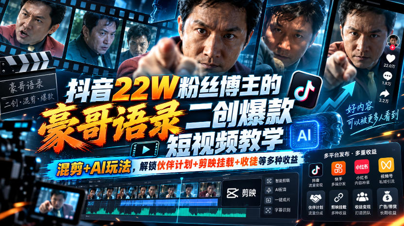 抖音22W粉丝博主的豪哥语录二创爆款短视频教学,混剪+AI玩法,解锁伙伴计划+剪映挂载+收徒等多种收益-资源社