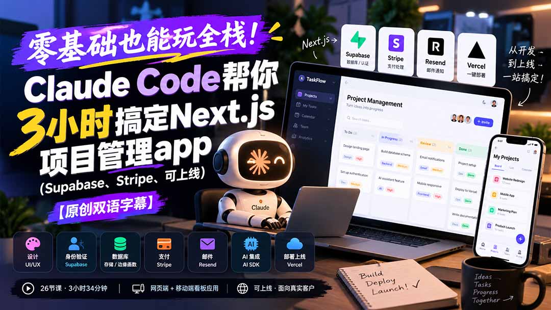 零基础也能玩全栈!Claude Code帮你3小时搞定Next.js项目管理app(Supabase、Stripe、可上线-资源社