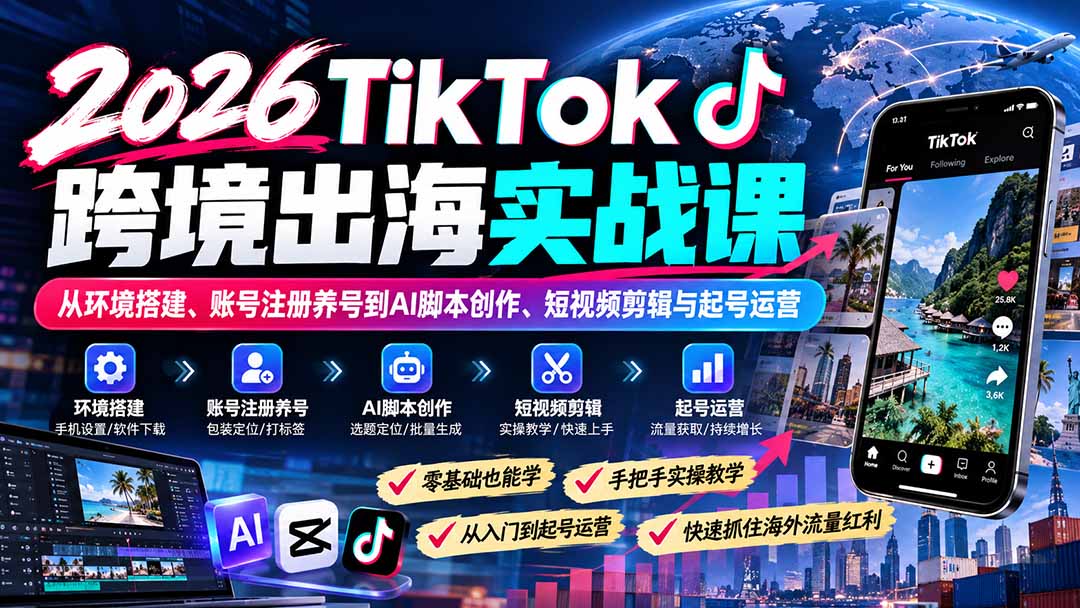 2026TikTok跨境出海实战课：从环境搭建、账号注册养号到AI脚本创作、短视频剪辑与起号运营-资源社