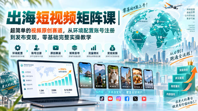 出海短视频矩阵课|超简单的视频原创赛道,从环境配置账号注册到发布变现,零基础完整实操教学-资源社