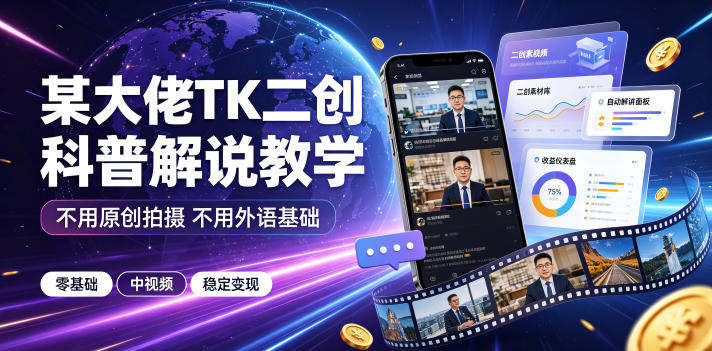 某大佬TK二创科普解说教学，不用原创拍摄不用外语基础，零基础做TikTok中视频稳定变现-资源社