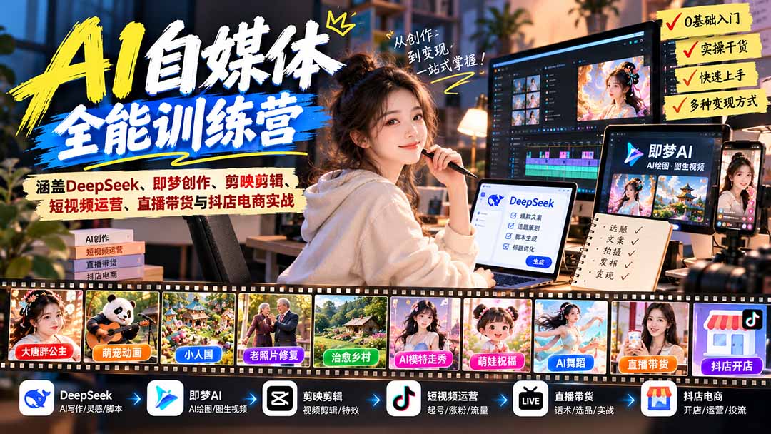 【无水印】AI+自媒体全能训练营:涵盖DeepSeek、即梦创作、剪映剪辑、短视频运营、直播带货与抖店电商实战-资源社