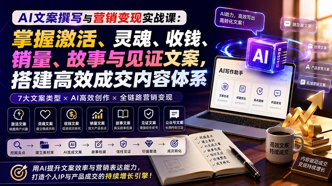 AI文案撰写与营销变现实战课：掌握激活、灵魂、收钱、销量、故事与见证文案，搭建高效成交内容体系-资源社