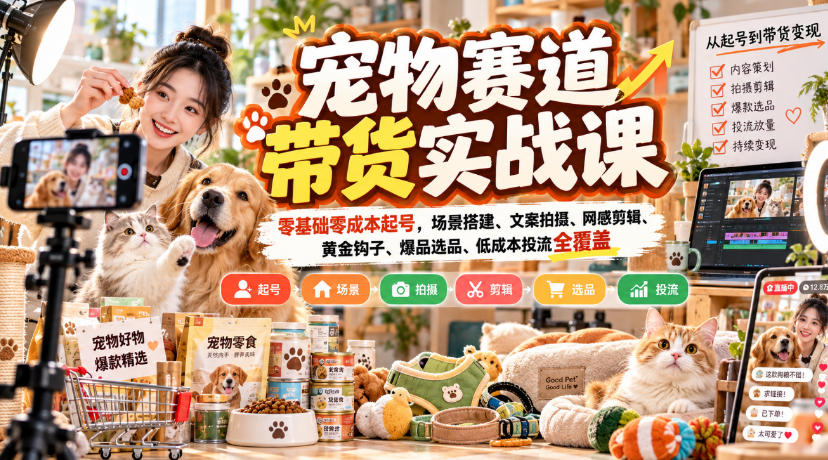 宠物赛道带货实战课,零基础零成本起号,场景搭建、文案拍摄、网感剪辑、黄金钩子、爆品选品、低成本投流全覆盖-资源社