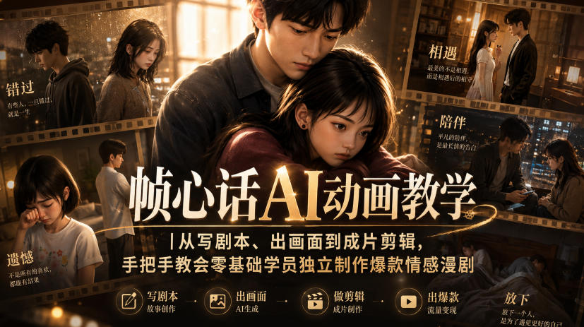 帧心话AI动画教学｜从写剧本、出画面到成片剪辑，手把手教会零基础学员独立制作爆款情感漫剧-资源社