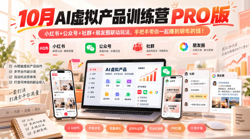 10月AI虚拟产品训练营PRO版，小红书+公众号+社群+朋友圈联动玩法，手把手带你一起赚到明年的钱！(更新1029)-资源社