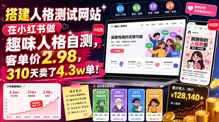 搭建人格测试网站在小红书做趣味人格自测，客单价2.98，310天卖了4.3w单！-资源社
