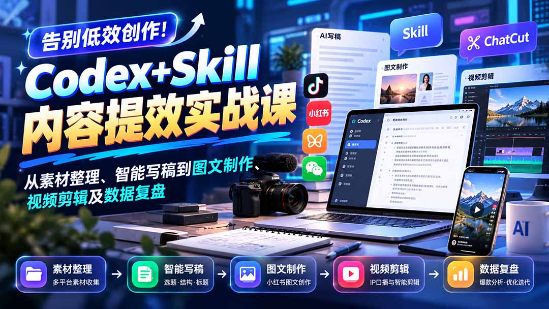 【无水印】告别低效创作!Codex+Skill内容提效实战课:从素材整理、智能写稿到图文制作、视频剪辑及数据复盘-资源社