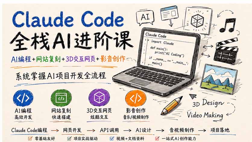 Claude Code全栈AI进阶课;AI编程+网站复刻+3D交互网页+影音创作,系统掌握AI项目开发全流程-资源社
