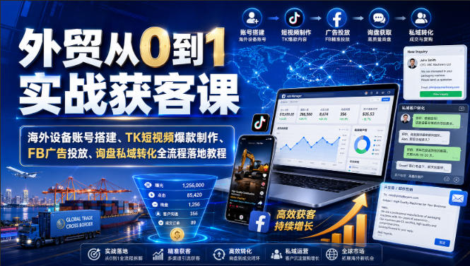 外贸从0到1实战获客课｜海外设备账号搭建、TK短视频爆款制作、FB广告投放、询盘私域转化全流程落地教程-资源社