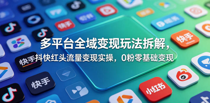 多平台全域变现玩法拆解，抖快红头流量变现实操，0粉零基础变现-资源社