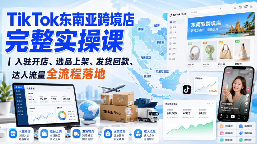 TikTok东南亚跨境店完整实操课｜入驻开店、选品上架、发货回款、达人流量全流程落地-资源社