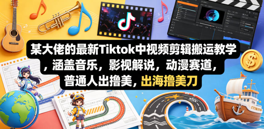 某大佬的最新Tiktok中视频剪辑搬运教学，涵盖音乐，影视解说，动漫赛道，普通人出海撸美刀-资源社