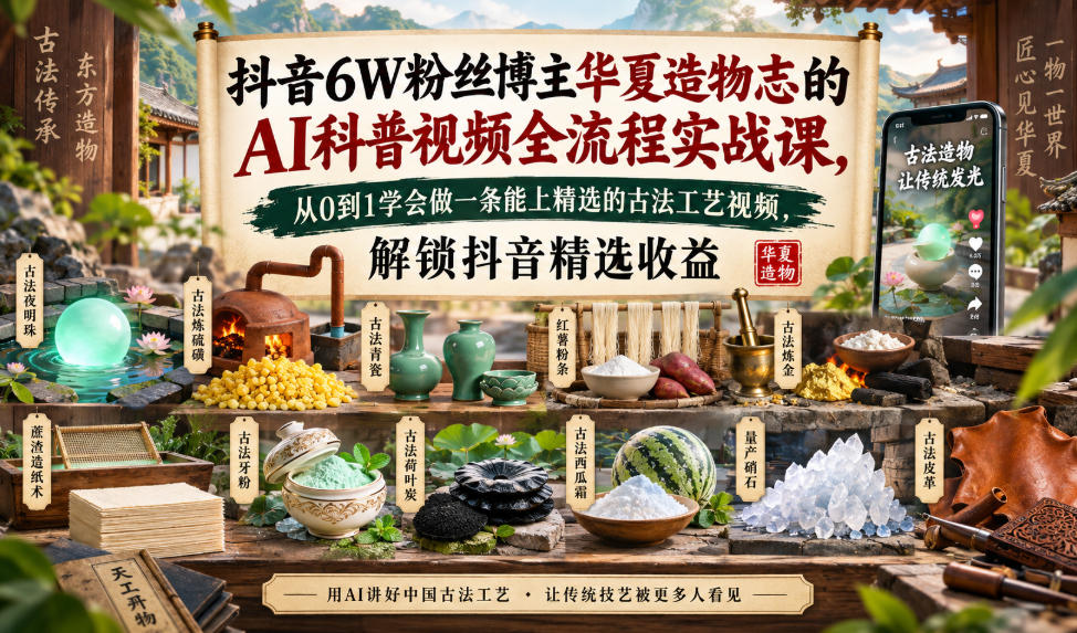 抖音6W粉丝博主华夏造物志的AI科普视频全流程实战课，从0到1学会做一条能上精选的古法工艺视频，解锁抖音精选收益-资源社