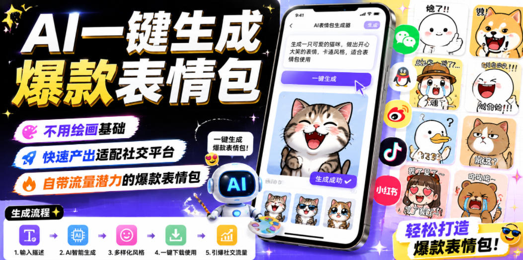AI一键生成爆款表情包,不用绘画基础,快速产出适配社交平台,自带流量潜力的爆款表情包-资源社