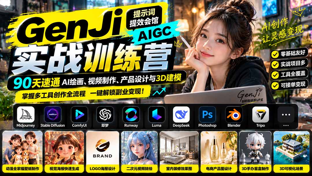 GenJi AIGC实战训练营：90天速通AI绘画、视频制作、产品设计与3D建模，掌握多工具创作全流程-资源社