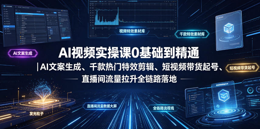 AI视频实操课0基础到精通｜AI文案生成、千款热门特效剪辑、短视频带货起号、直播间流量拉升全链路落地-资源社