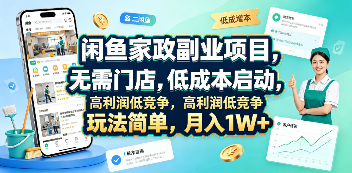 闲鱼家政副业项目，无需门店，低成本启动，高利润低竞争，玩法简单，月入1W+-资源社