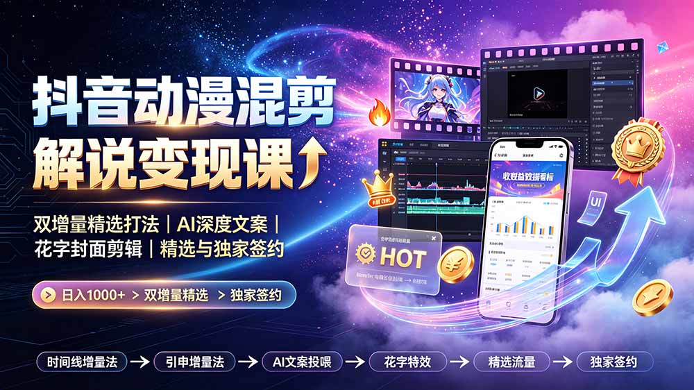 抖音动漫混剪解说变现课：双增量精选打法｜AI深度文案｜花字封面剪辑｜ 精选与独家签约日入1000+-资源社