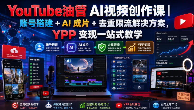 YouTube油管AI视频创作课｜账号搭建+AI成片+去重限流解决方案，YPP变现一站式教学-资源社