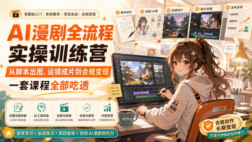 AI漫剧全流程实操训练营，从脚本出图、运镜成片到合规变现，一套课程全部吃透-资源社
