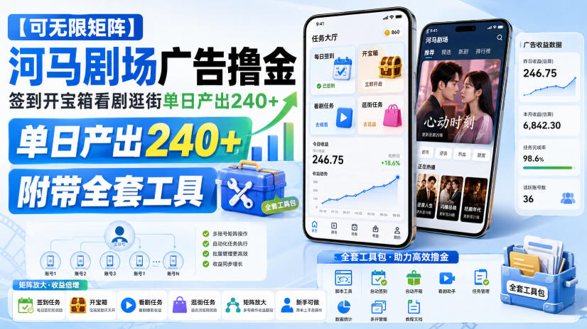 【可无限矩阵】河马剧场广告撸金，签到开宝箱看剧逛街单日产出240+，附带全套工具【揭秘】-资源社