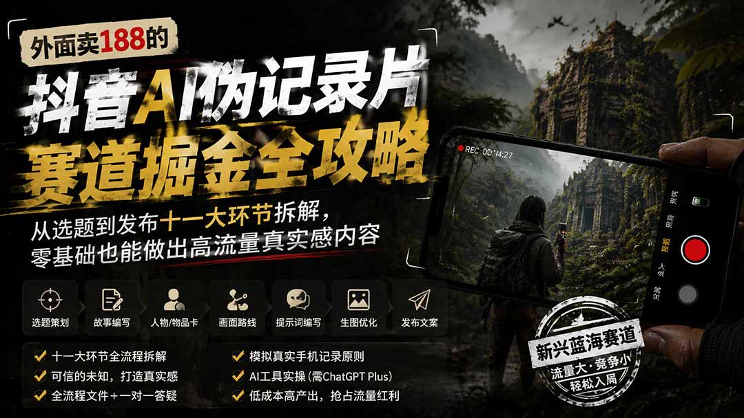 外面卖188的抖音AI伪记录片赛道掘金全攻略；从选题到发布十一大环节拆解，零基础也能做出高流量真实感内容-资源社