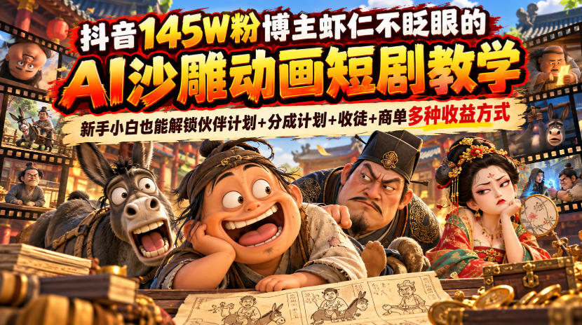 抖音145W粉博主虾仁不眨眼的AI沙雕动画短剧教学，新手小白也能解锁伙伴计划+分成计划+收徒+商单多种收益方式-资源社