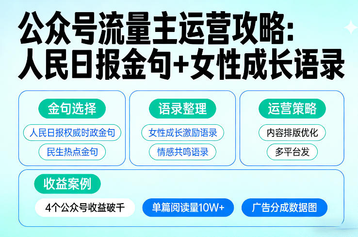 利用人民日报金句+女性成长语录做公众号流量主，4个公众号收益破千-资源社