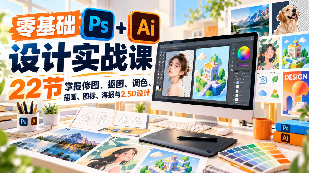 【无水印】零基础PS+AI设计实战课|22节掌握修图、抠图、调色、插画、图标、海报与2.5D设计-资源社