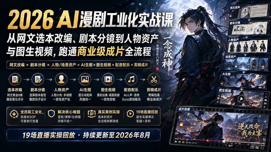 2026 AI漫剧工业化实战课-更新：从网文选本改编、剧本分镜到人物资产与图生视频，跑通商业级成片全流程-资源社