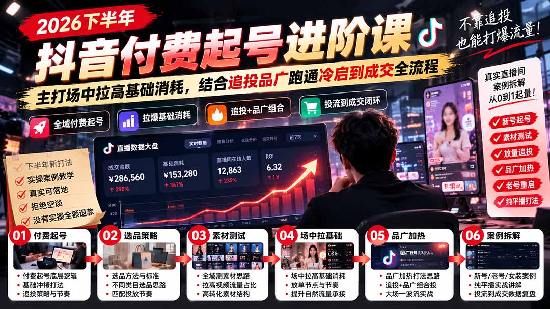 2026下半年抖音付费起号进阶课:主打场中拉高基础消耗,结合追投品广跑通冷启到成交全流程-资源社
