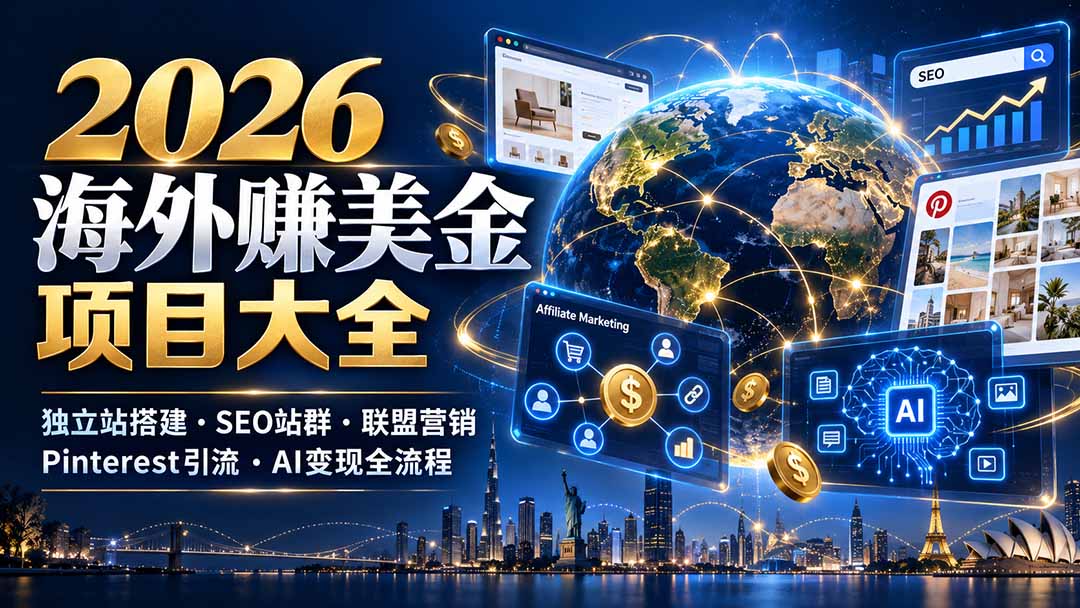 2026海外赚美金项目大全:独立站搭建、SEO站群、联盟营销、Pinterest引流与AI变现全流程-资源社