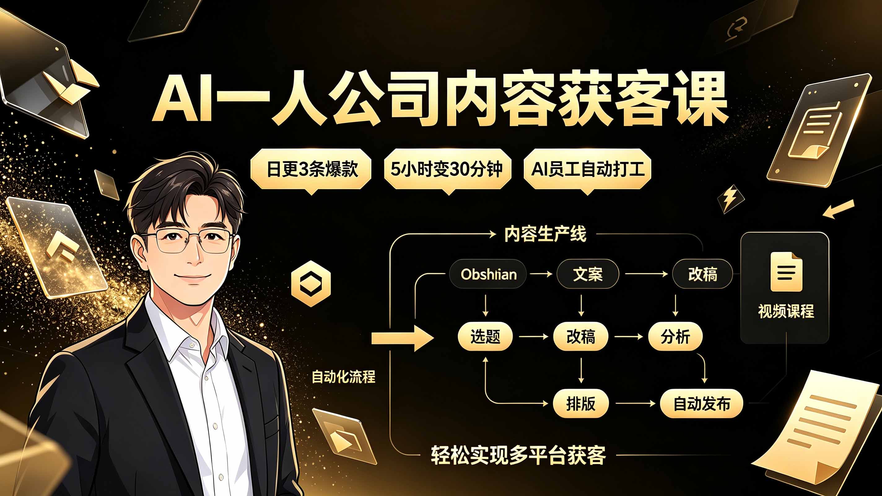 AI一人公司内容获客课：日更3条爆款×5小时变30分钟×AI员工自动打工，轻松实现多平台获客-资源社