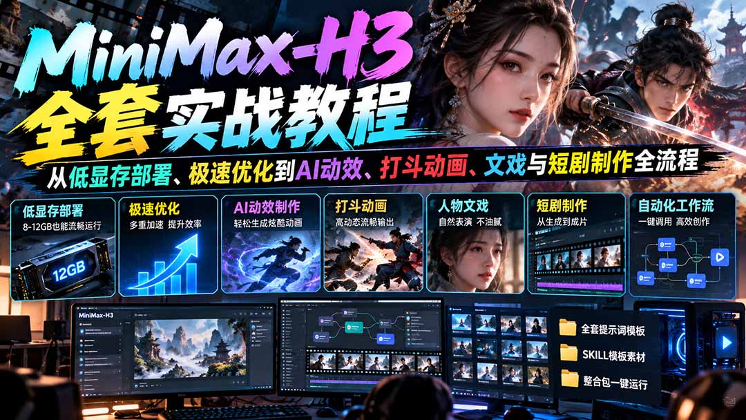 MiniMax-H3全套实战教程：从低显存部署、极速优化到AI动效、打斗动画、文戏与短剧制作全流程-资源社