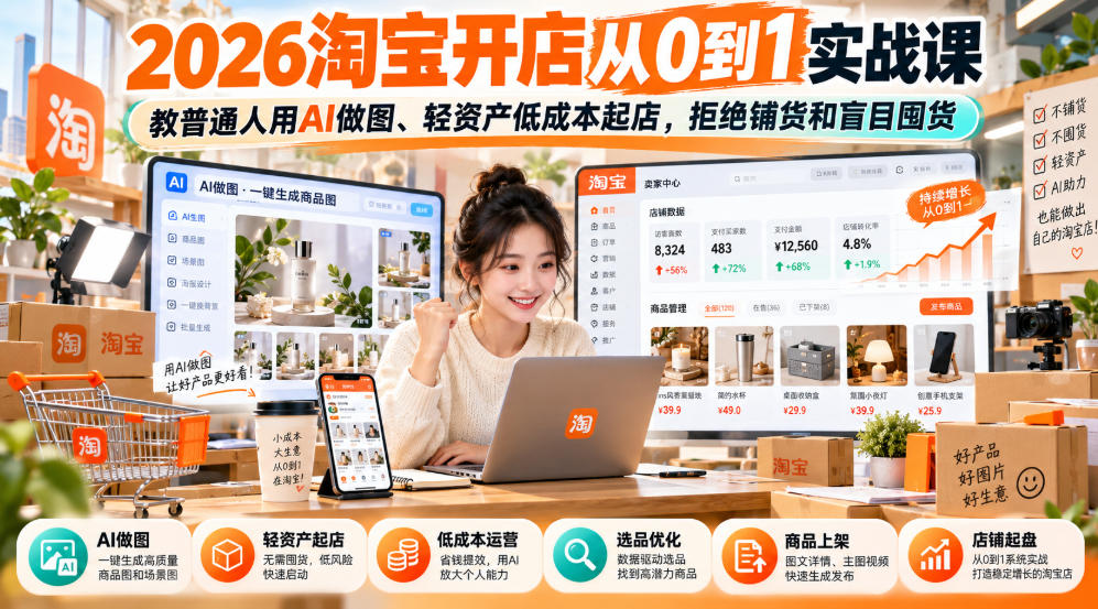 2026淘宝开店从0到1实战课，教普通人用AI做图、轻资产低成本起店，拒绝铺货和盲目囤货-资源社