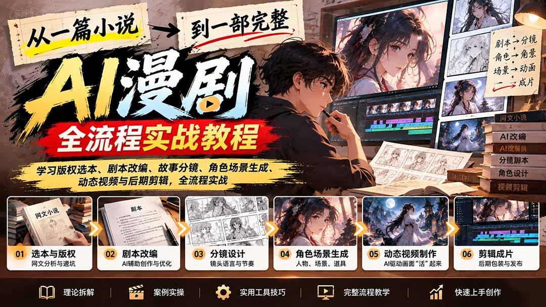 从一篇小说到一部完整AI漫剧：学习版权选本、剧本改编、故事分镜、角色场景生成、动态视频与后期剪辑-资源社