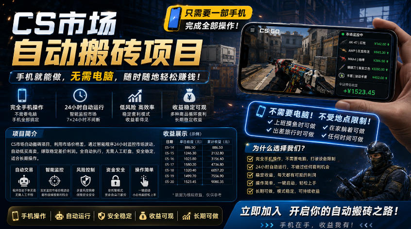手机即可操作的CS市场自动搬砖系统｜自动监控｜自动下单|日入300+【揭秘】-资源社