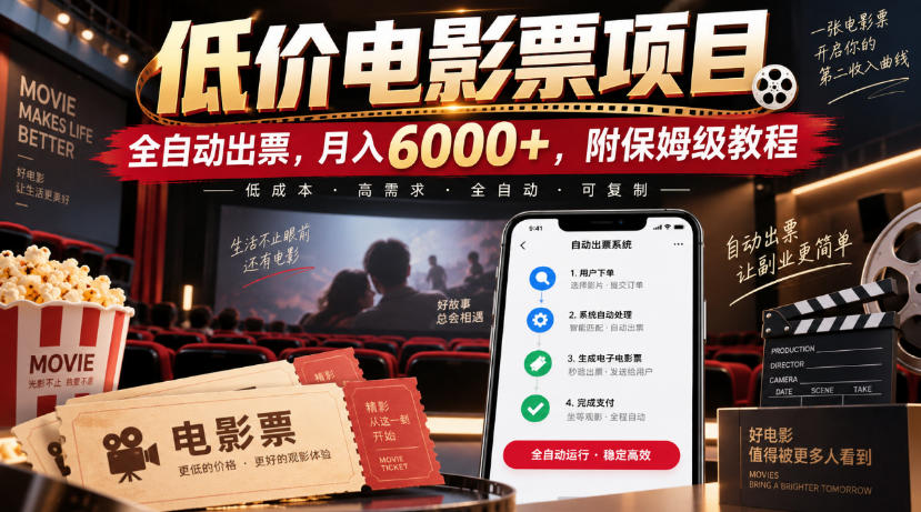 低价电影票项目,全自动出票,月入6000+,附保姆级教程【揭秘】-资源社