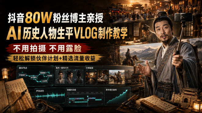 抖音80W粉丝博主的AI历史人物生平VLOG教学，不用拍摄不用露脸，AI帮你搞定，轻松解锁伙伴计划+精选收益-资源社